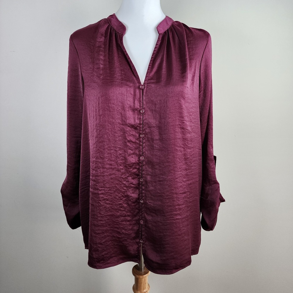 Renuar Burgandy Blouse Womens Small Wine Long Sleeve Button Up Elegant Flowy Top